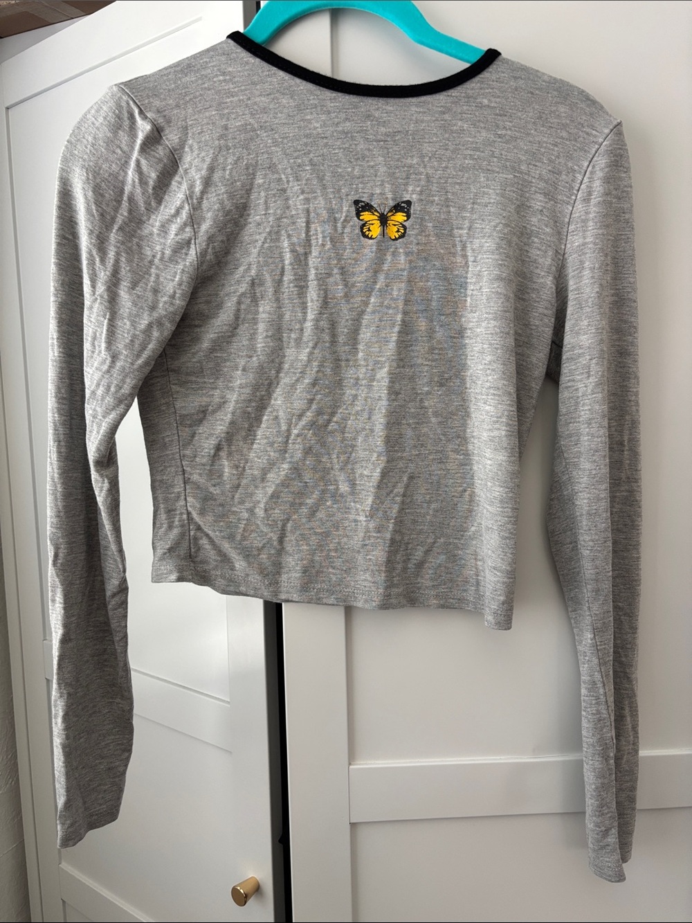 Forever 21 Gray Crop Top with Black Trim and Yellow Butterfly Accent